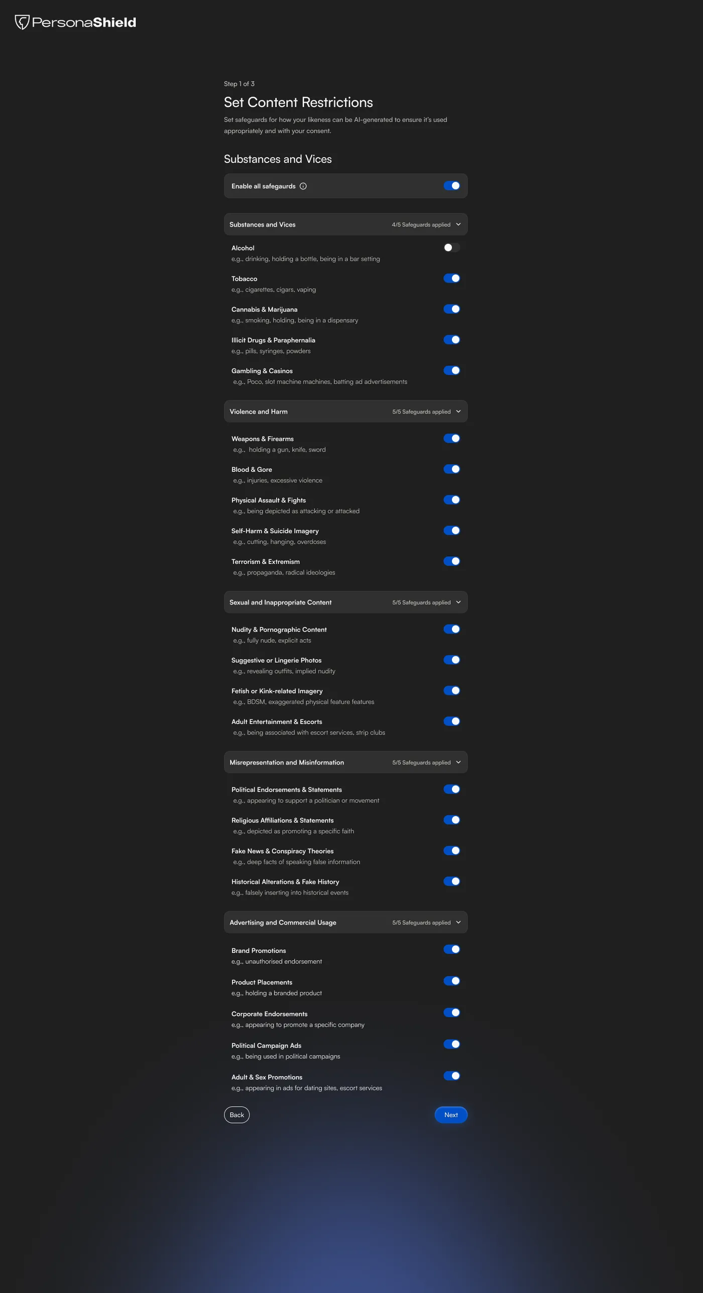 PersonaShield Set Content Restrictions